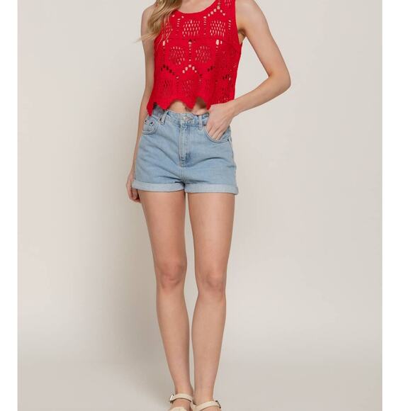 Sleeveless Round Neck Cotton Crochet Crop Tank Top Red - Picture 4 of 5